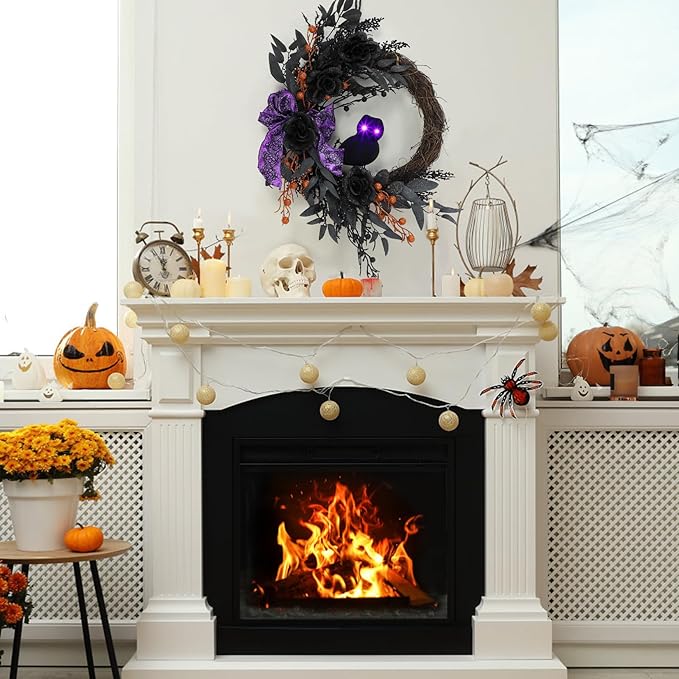 22 Inch Halloween Wreath with Lighted Eyes, Black Prelit Wreath with Artificial Roses, Willow Leaves, Ribbon for Indoor/Outdoor Home Decor
