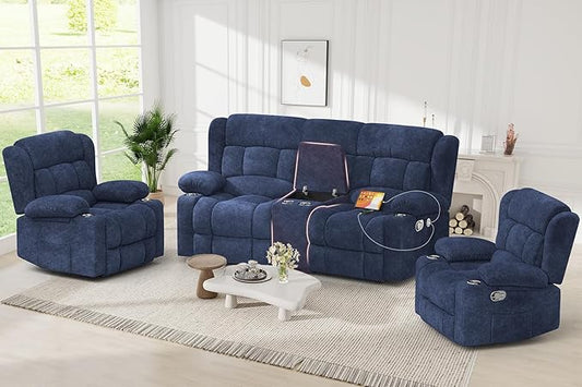 Recliner Sofa Set with 2+1+1 Pieces, Fabric Manual Pull Tab Reclining Loveseat with Storage Console, Single Recliner Chair for Living Room, RV, Blue