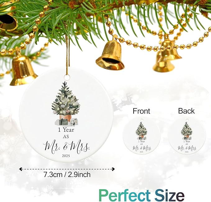 First Anniversary Ornament Gifts for Couple, Wedding Keepsake for 1 Year as Mr and Mrs, Ceramic Christmas Ornament With Ribbon and Box
