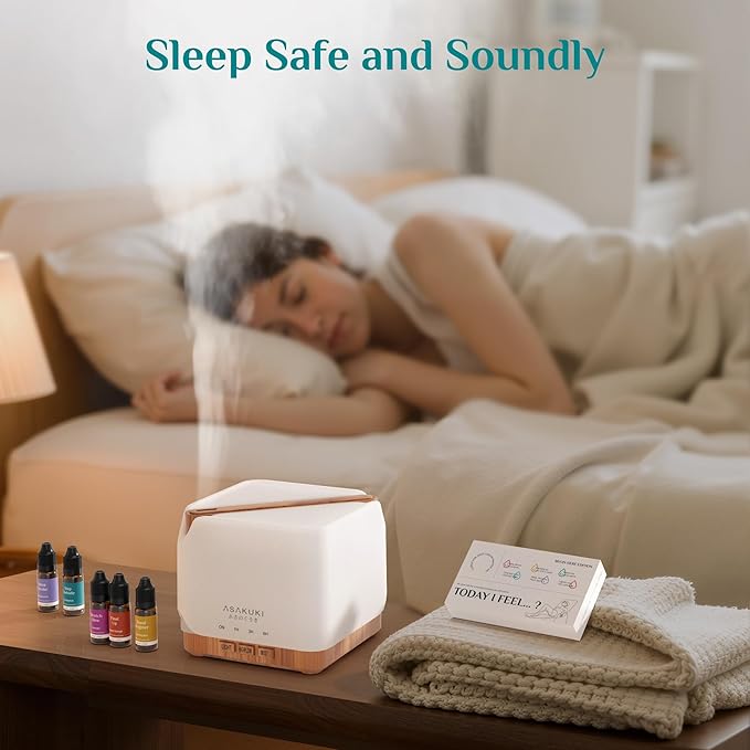 ASAKUKI Essential Oil Diffuser 700ml, Ultrasonic Aromatherapy Humidifier with Top 6 Essential Oils Set, 7 LED Colors, Timer & Auto-Off, Large Room Diffuser