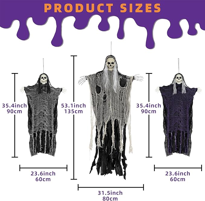 Halloween Decorations Outdoor and Indoor,3PCS Scary Hanging Ghosts,Halloween Grim Reaper Skeleton,Scary Party Decorations for Yard,Haunted House Decor