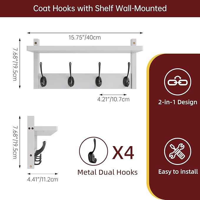 Coat Rack with Shelf Wall Mount, Entryway Bamboo Hanging Shelf, Set of 2, Wall Hook Rail for Hallway Décor, Storage Clothe, Hat, Robe, Key, Dog Leash (White+Black)