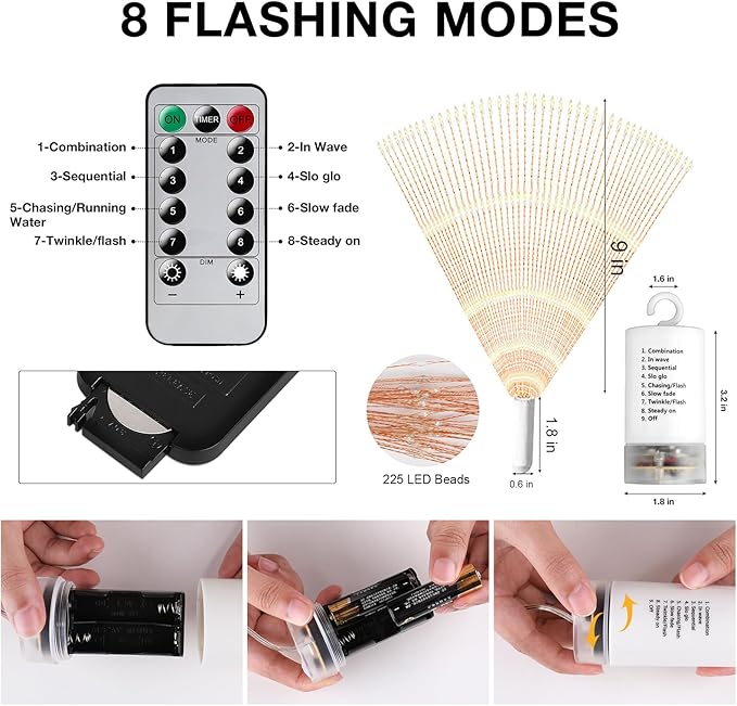 Techip 4 Pcs 225LED Battery Operated Fairy Lights With Remote - Indoor Outdoor Hanging Decor for Wedding, Bedroom, Patio, Garden, Christmas, Halloween (Cool White, 4pcs)