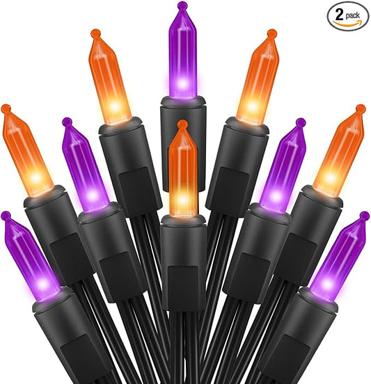 2 Pack Halloween Mini Lights, 13 Feet 50 Count Totally 100 Count Incandescent Mini String Lights, Connectable Halloween Light for Haunted House Party Holiday Window Indoor Decoration, Orange & Purple
