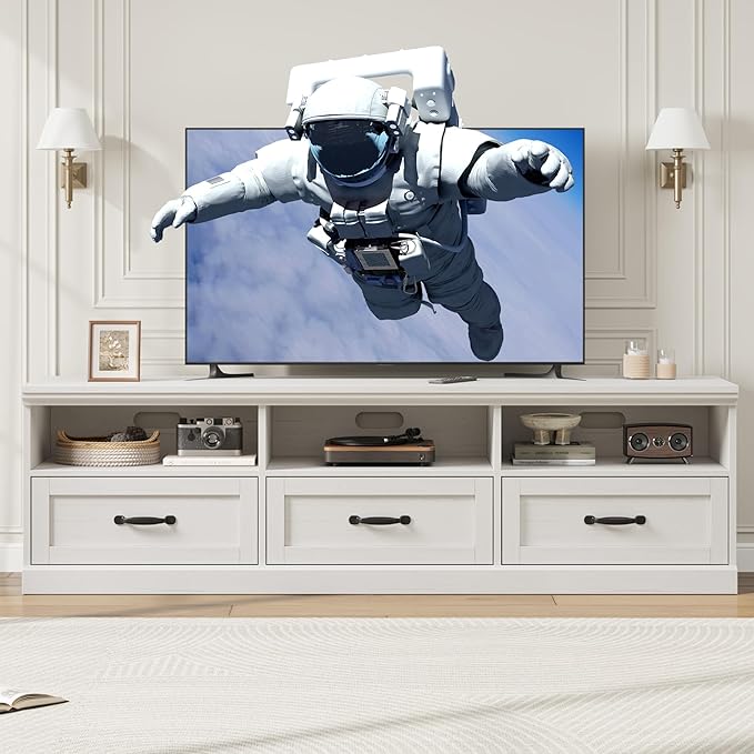 IDEALHOUSE 70in TV Stand for TVs up to 80", Mid Century Modern Entertainment Center with Storage Drawer and Open Shelves, TV Console Media Cabinet for Living Room, Bedroom, Antique White