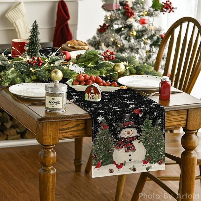 Artoid Mode Snowman Birds Trees Christmas Table Runner, Seasonal Black Winter Holiday Kitchen Dining Table Decoration for Home Party Decor 13 x 60 Inch