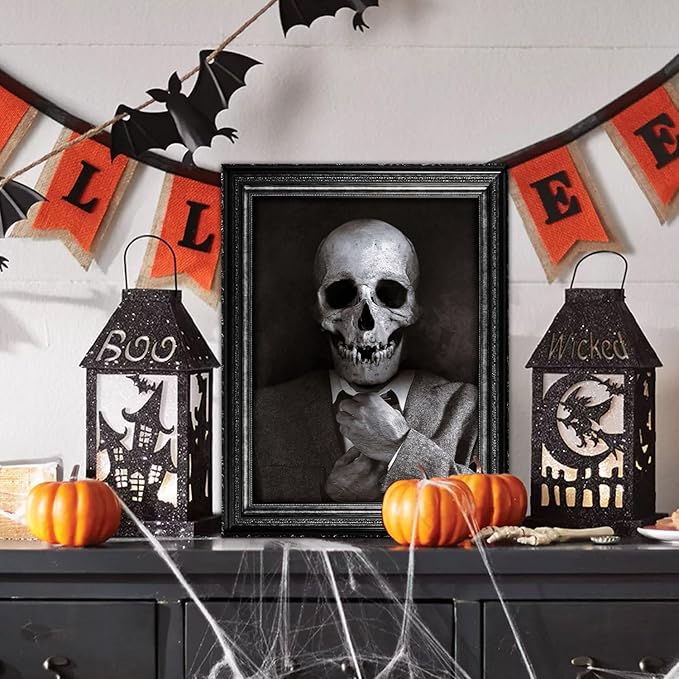 15 Halloween Gothic Creepy Skull Photos Haunted Horror Picture Frame, Waterproof Durable, with 80pcs Self Adhesive Dots，Creepy Photo Decoration For Haunted Family Castle Masquerade Party Black