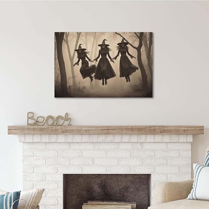 Three ghost witches flying in vintage forest gothic wall art witchcraft decoration holiday gift canvas wall art print20x30in Wood Framed
