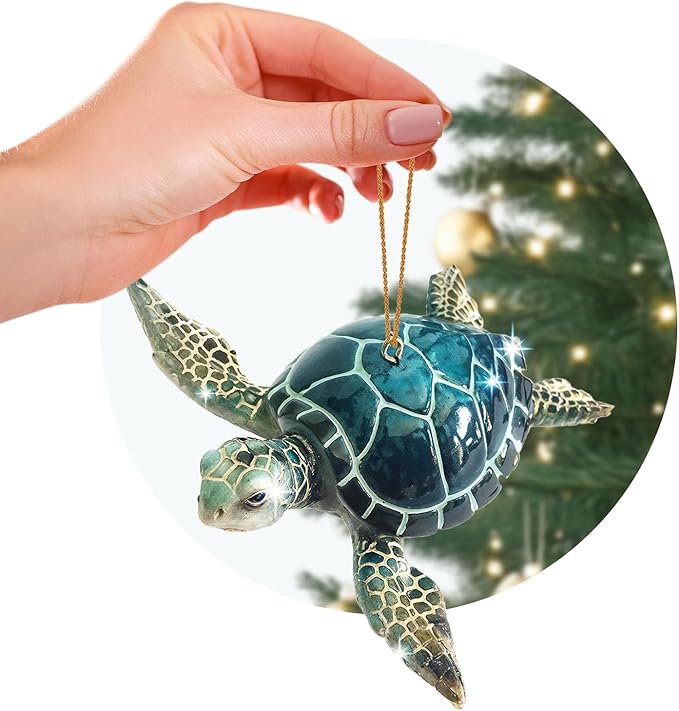 Hand-Painted Beach Christmas Ornament – Blue Sea Turtle Coastal Tree Decoration – Unique Nautical Christmas Ornament – Stocking Stuffer Gift for Ocean & Sea Life Lovers