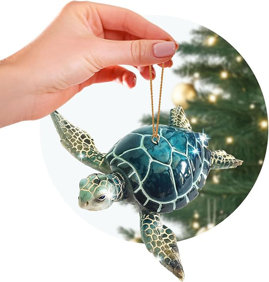 Hand-Painted Beach Christmas Ornament – Blue Sea Turtle Coastal Tree Decoration – Unique Nautical Christmas Ornament – Stocking Stuffer Gift for Ocean & Sea Life Lovers