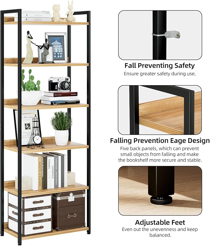 NUMENN Bookshelf, 6 Tier Bookshelves, Home Office Bookcase Shelf Storage Organizer, Free Standing Storage Shelving Unit for Bedroom, Living Room and Home Office, Natural