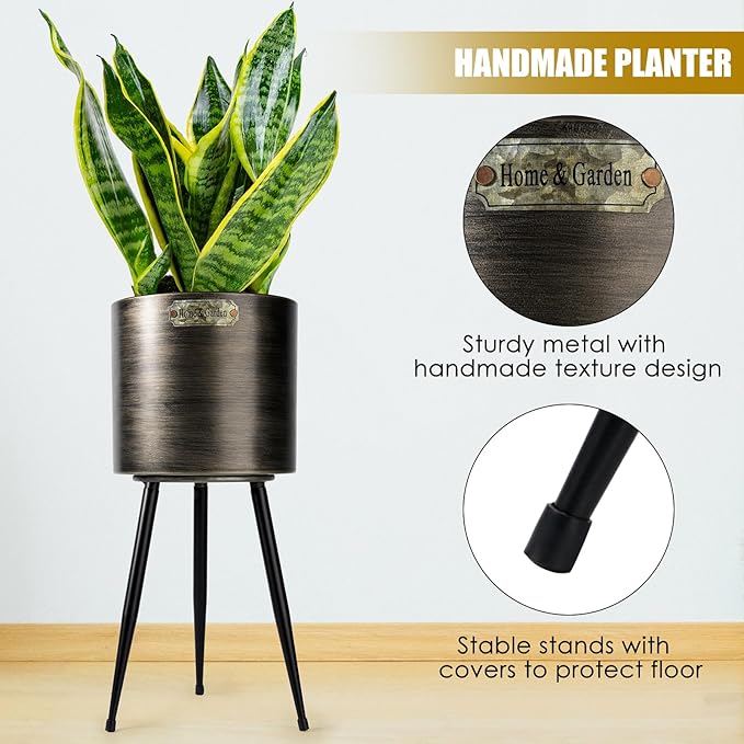 Harvest Land Plant Pots with Stand, Set of 2 Large Modern Planters Metal Tall Handmade Flower Pots with Drainage Holes Indoor Outdoor,Black