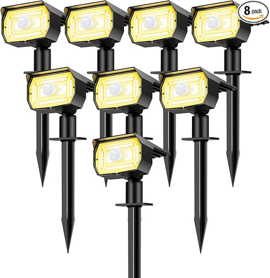Solar Spot Lights Outdoor Motion Sensor with 3 Modes, [ 8 Pack/56 LED ] Solar Spotlights Outdoor Waterproof 2-in-1 Auto On/Off Landscape Lighting for Outside Yard Wall Garden Pathway, Warm White