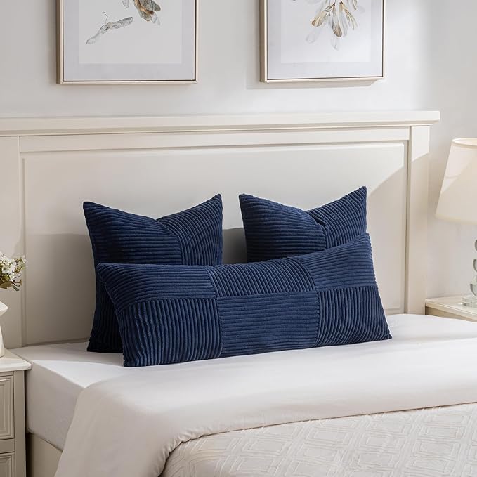 Fancy Homi 2 Packs Navy Blue Decorative Throw Pillow Covers 20x20 Inch for Living Room Couch Bed Sofa, Rustic Farmhouse Boho Home Decor, Soft Corss Corduroy Patchwork Accent Cushion Case 50x50 cm