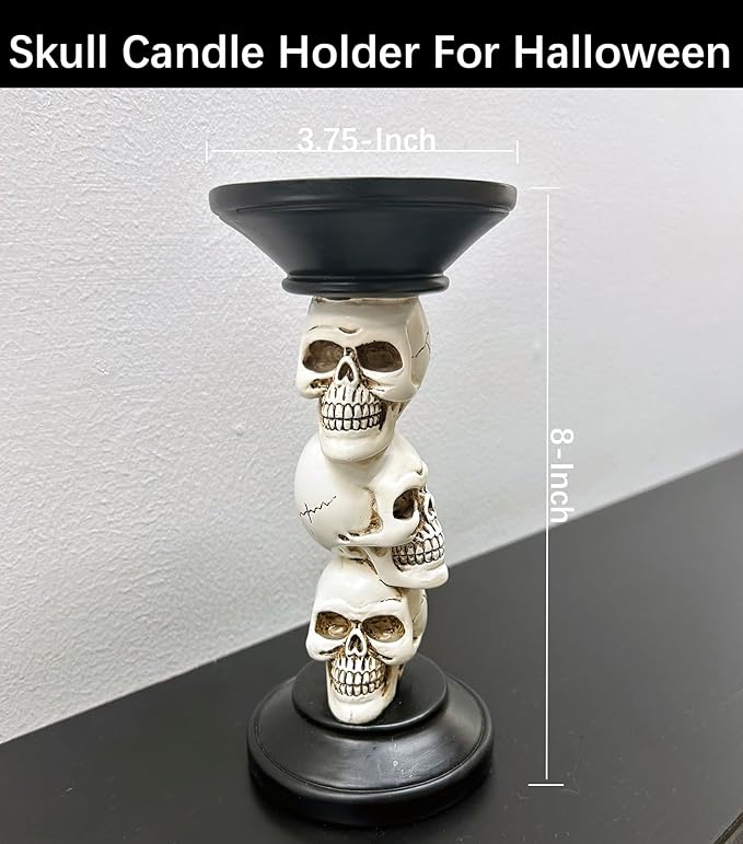 Halloween Skull Candle Holder - Vintage Pillar Candle Holder with Resin Skull Skeleton Design - Indoor Decor