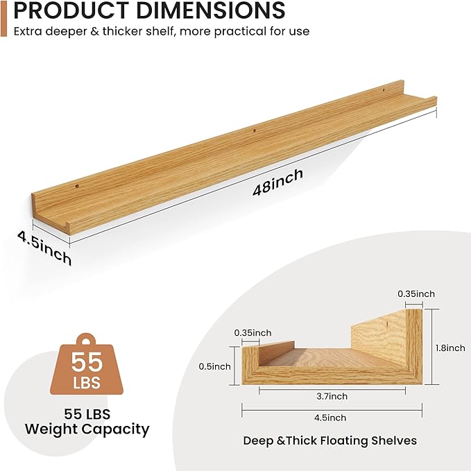 Fun Memories Picture Ledge Shelves Set of 2, 48 Inch Rustic Wall Mounted Floating Shelves with Lip for Home Storage and Décor in Bathroom, Kitchen, Nursery, Bedroom, Living Room, Oak