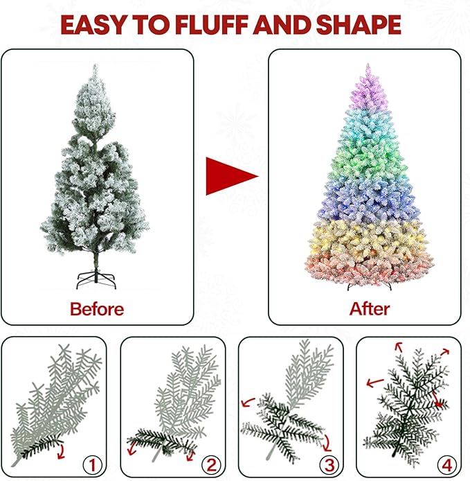 6 ft Lighted Snow Flocked Christmas Tree with Remote Control, 250 Multicolor RGB LED Lights, 1032 PVC Branch Tips, Artificial Hinged Christmas Tree with for Holiday, 15 Modes