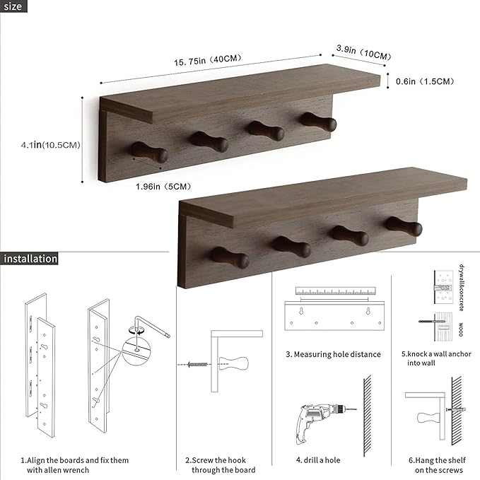 Entrance Coat Rack ，Coat Hooks, Wall-Mounted Wooden Hook Rack, Wall-Mounted Shelves are Very Suitable (Walnut Colored Finish-2)