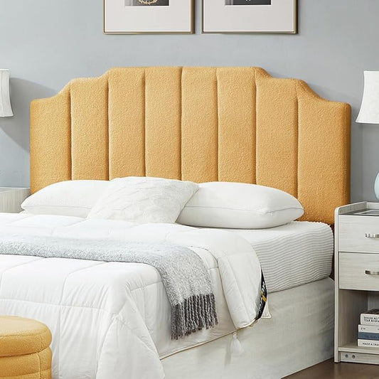 24KF Yellow Teddy Fabric Tufted for Queen Upholstered Headboard, Modern Vertical Channel Design Full Headboard with Stepped Silhouette Top Edge,6026-Q-Teddy Yellow