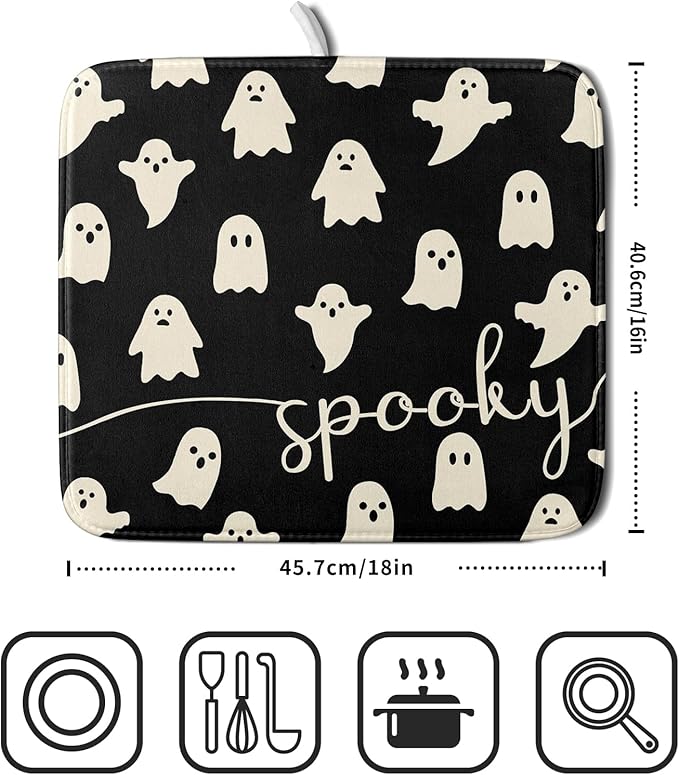Halloween Dish Drying Mat for Kitchen Counter Spooky Ghost Holiday Super Absorbent Reversible Microfiber Kitchen Countertop Protector Dishes Pad Small 16x18 inch