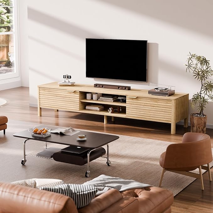 TV Stand for Living Room - up to 80 Inch TVs Mid Century Modern Entertainment Center with Storage and Adjustable Shelves, Media Console Table Oak 70"