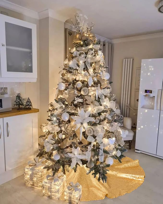 Gold Christmas Tree Skirt 36 inch Small Tree Skirt 4ft Sequin Tree Skirt for Gold Christmas Decorations