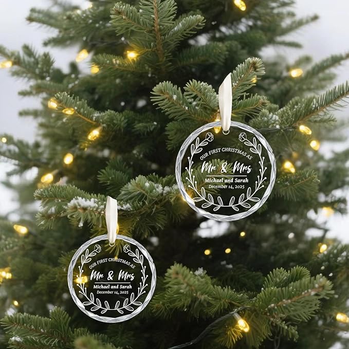First Christmas Married Ornament 2025, Custom Wedding Crystal Glass Ornament with Photo, Name or Date, Personalized Wedding or Bridal Shower Gifts for Newlyweds