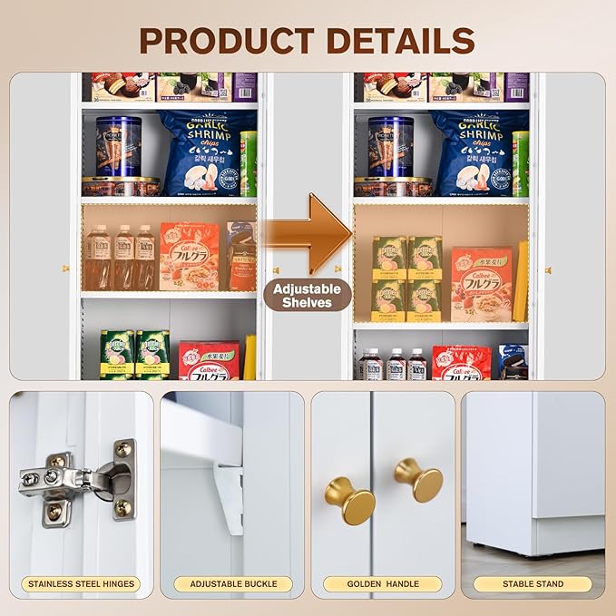 5 Tier Metal Curio Cabinets, Modern Bookshelf Cabinet with 4 Adjustable Shelves, Cabinet Display Case for Home Office, Living Room, Pantry (White-23.54W-Metal Door)