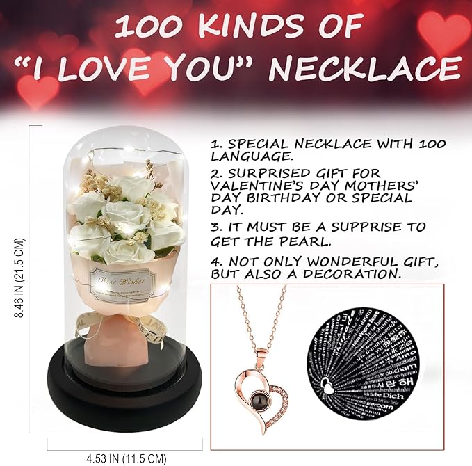 Gift for Her Forever Flower Bouquet for Delivery Prime Preserved White Roses Glass Dome LED Light 100 Languages I LOVE YOU Necklace Mothers Day Birthday Romantic Valentines Gift for Wife Women Mom