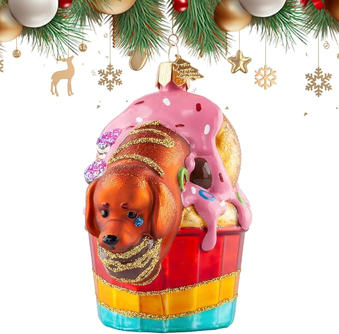 Dog Christmas Tree Ornaments,Hand-Blown Glass Ornaments,Cupcake Collection Figurine Hanging Ornaments,Dachshund Dog Christmas Ornament for Animal Lovers Party Holiday Home Decorations Gifts