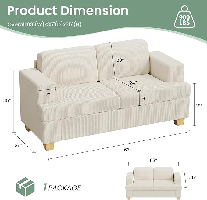 2 Pieces Corduroy Couch Set for Living Room, 5 Seats Cloud Sofa, Deep Seat Floor Couch for Bedroom, Futon Modern Sofa Bed, White Corduroy