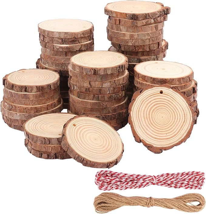 60 PCS 4 inch Unfinished Wood Slices with Hole, Natural Wood Slices, Predrilled with Hole Wood Slice for DIY Arts Craft Christmas Ornaments by GNIEMCKIN