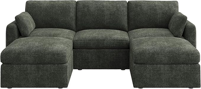HONBAY Modular Sectional Sofa with Storage Seats, U Shaped Sectional Couch with Storage, Chenille Sectional Couches for Living Room, Green