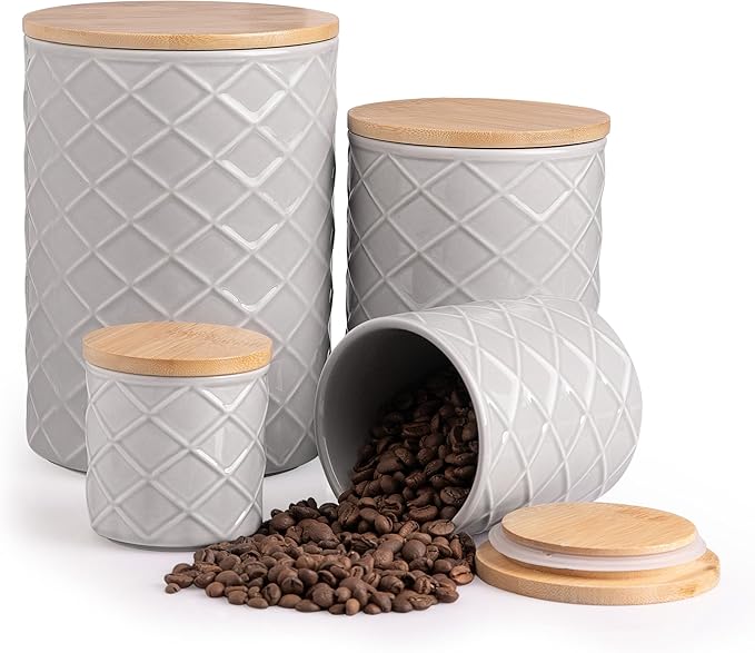 Sweejar Ceramic Canisters Sets for Kitchen Countertop, Relief Food Storage Jar with Bamboo Lid, Stackable Container for Flour, Coffee, Pasta, Cereal, Tea, Cookies, Sugar, Spices, Pack of 4 (Gray)