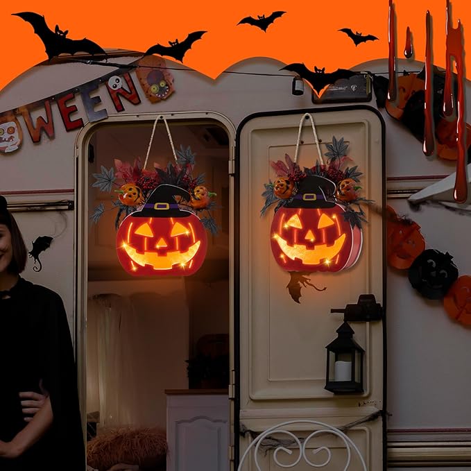 Halloween Door Decorations, Halloween Wreath Decorations Double-Sided Pumpkin with Timer Function, Light up Jack O Lantern for Front Door Window Wall Outside Decor, Battery Operated, 11 Inch