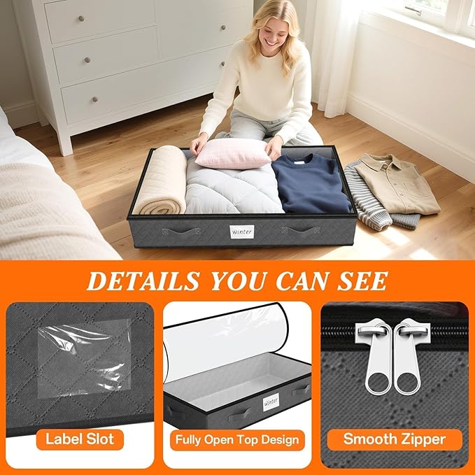 SpaceWhisper 90L Under Bed Storage Containers, 6-Pack Storage Bins with Clear Top, Foldable Closet Organizers and Storage with Label Holder for Clothing, Blankets, Comforter & Pillows (Grey)