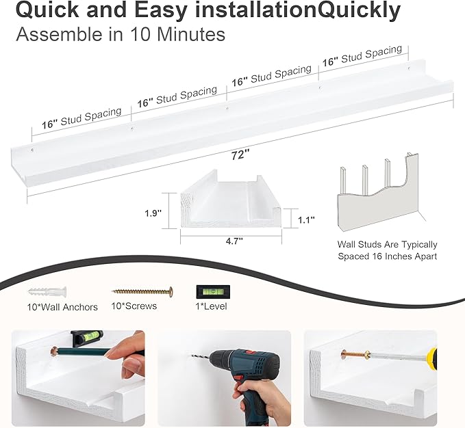 Floating Picture Ledge Shelves 72 Inch Solid Oak Wood Set of 2, Rustic Wall Storage Shelves with Lip, Kids Bookshelf, Photo & Picture Ledge Shelves for Bedroom, Living Room, Kitchen