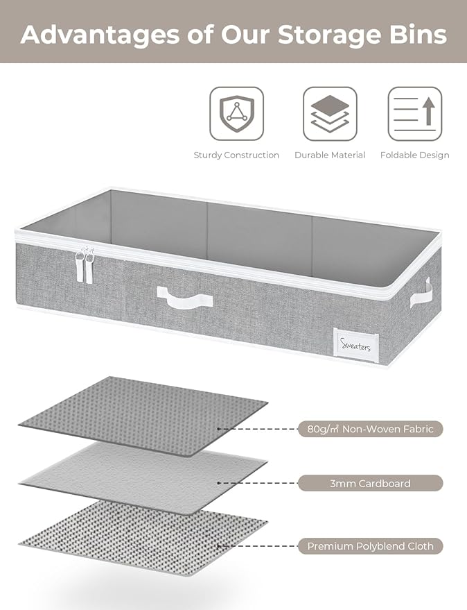 StorageWorks Under Bed Storage Containers with Handles and Label Holder, 2 Pack Ultra-thick Fabric Underbed Bins, Closet Organizer for Clothes, Blankets, Sweater