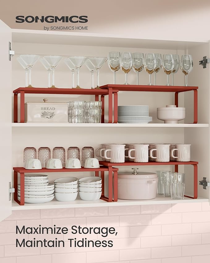 SONGMICS Cabinet Organizer Shelf, Set of 2 Kitchen Counter Shelves, Kitchen Storage, Spice Rack, Stackable, Expandable, Metal and Engineered Wood, Mandarin Red UKCS200Y02