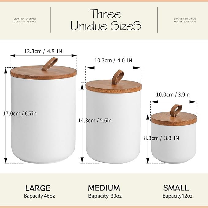 White Ceramic Canister Set with Bamboo Lids, 3-Piece Airtight Food Storage Jars for Kitchen - Flour, Sugar, Coffee, Tea, Spice - Small, Medium, Large Sizes