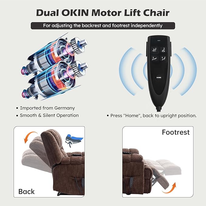 Dual Motor Power Lift Recliner Chair with Massage and Heat for Elderly People, Infinite Position, Brown Recliner Chair, Chenille Fabric Lift Chair