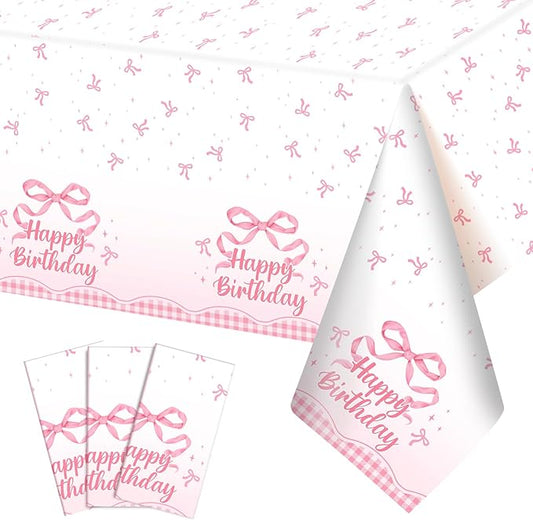 3 Pack Coquette Pink Bow Plastic Tablecloth, 54 X 108Inch Disposable Pink Bow Table Cloth for Rectangle Tables Waterproof Table Cover for Girls Bridal Wedding Birthday Party