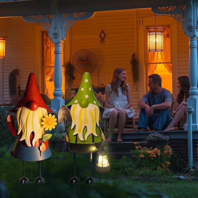 HONGLAND Solar Metal Gnome Yard Art -18 Inch Garden Gnomes Statues Outdoor Decor with Solar Lantern Lights -3D Outdoor Figurines for Patio Yard Lawn Porch Ornament Gardening Gifts