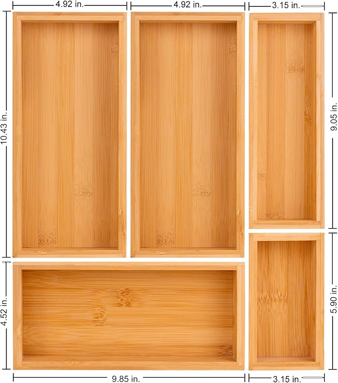 bamboo drawer organizer Set，expandable drawer dividers,wooden storage organizers,large trays for kitchen, bathroom,flatware,Tea Bag Organizer (1 X 5PCS Natural)