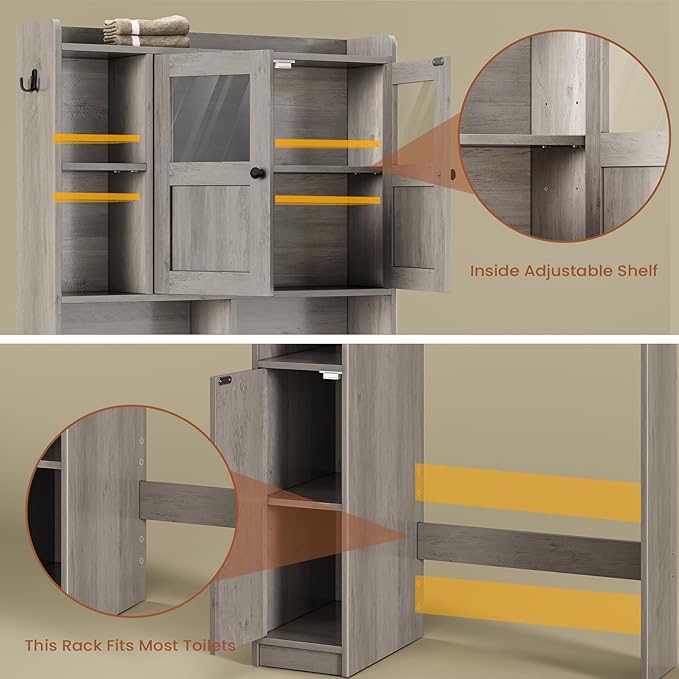 Itaar Over The Toilet Storage Cabinet, Over Toilet Bathroom Organizer with Glass Doors & Toilet Paper Holder Stand, Home Space-Saving Toilet Rack, for Bathroom, Restroom, Laundry, Grey