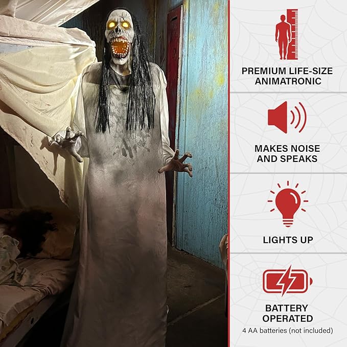 Haunted Hill Farm 5.9 ft. Animatronic Lurching Woman by Tekky, Halloween Animatronic, Scary Indoor House Prop & Decoration, Creepy Occult Horror Decor with Motion-Activated Lights & Sound, Life-Size