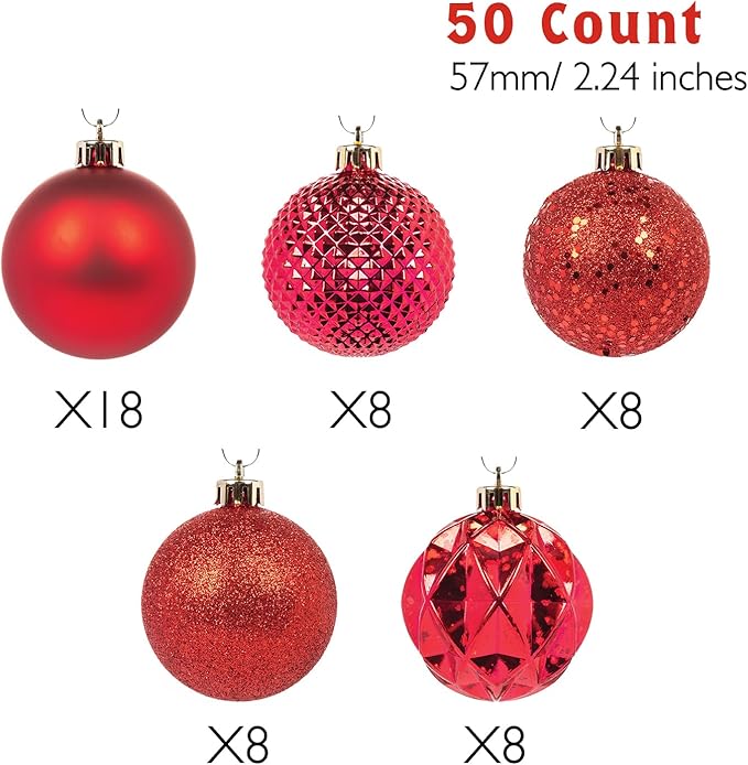 Every Day is Christmas Ornaments, Shatterproof Christmas Tree Ornament Set, Christmas Balls Decoration 50 Count (2.24"/57mm, New Red)