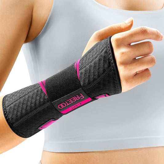 FREETOO Carpal Tunnel Wrist Brace Night Support Fit Right Hand for Work, Pain Relief Wrist Splint for Tendonitis, Sprain, Strain, Rigid Hand Brace for Arthritis for Women and Men (XS, Black/Pink)