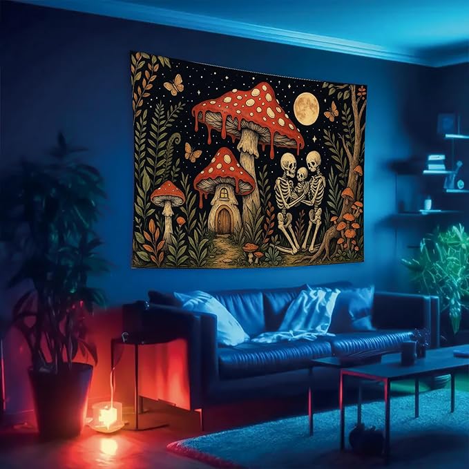 Starlit Patio Skeleton Family Blacklight Tapestry UV Reactive Wall Hanging Mushroom House and Moon for Bedroom Dorm Living Room Glowing Cottagecore Decor Fluorescent Trippy Poster 78 x 59 Inch