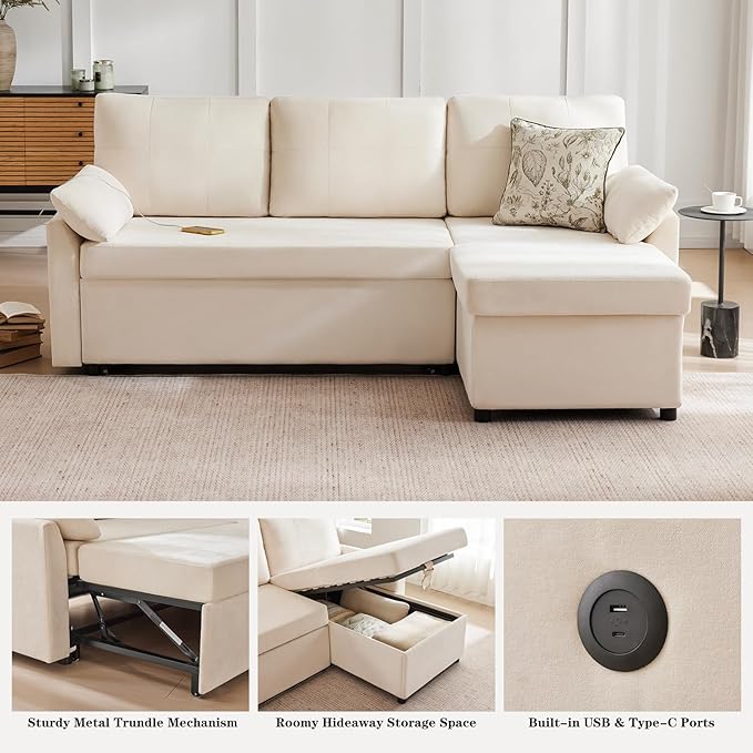 Waxberry Sectional Sofa Couch, Pull Out Couch Sleeper Sofa Bed with Storage for Living Room, Reversible Chaise, Side Pockets & Dual USB/Type-C Ports, Beige